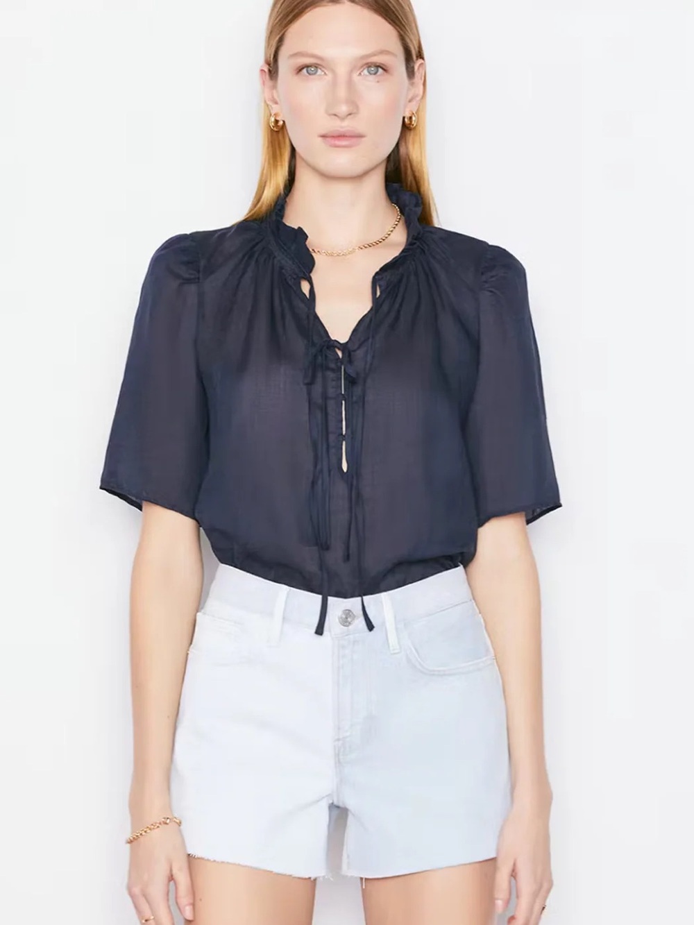 Frame Navy -Front Tie Short Sleeve Blouse